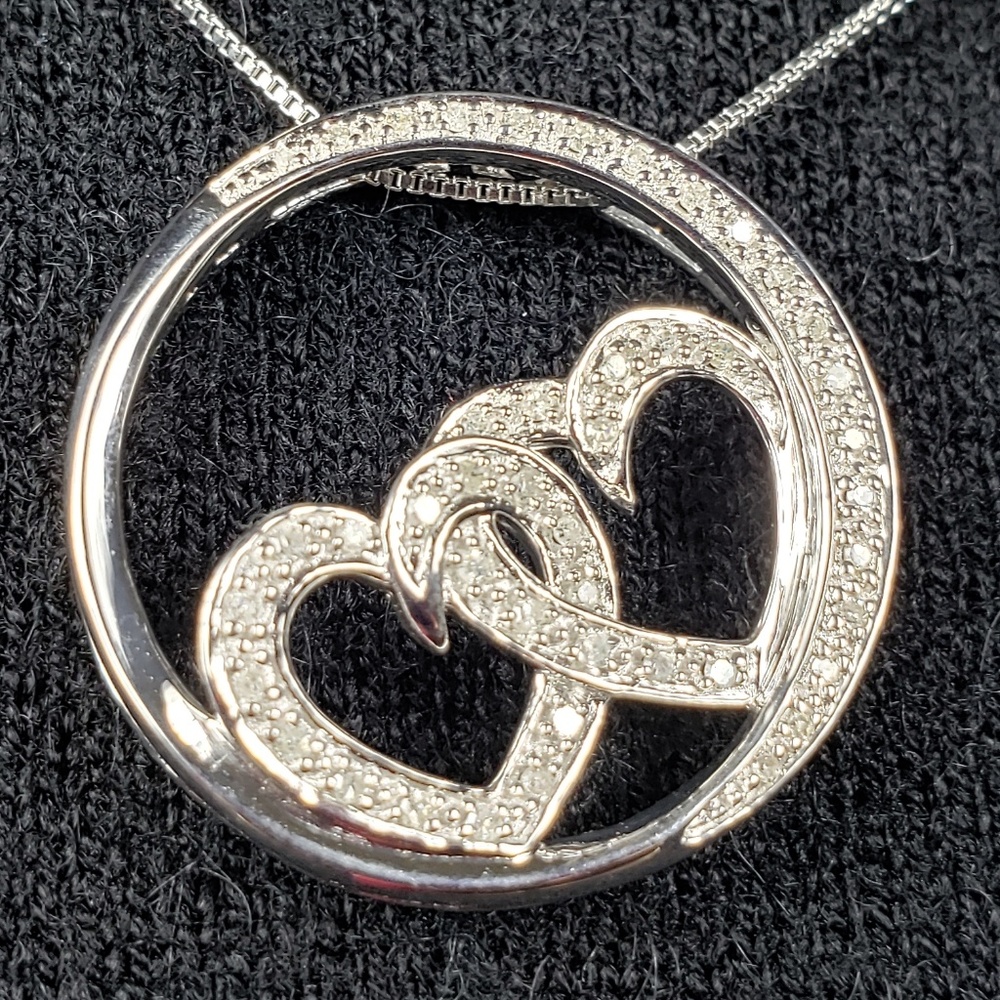 Diamond Double Heart "Love"Pendant Silver Necklace